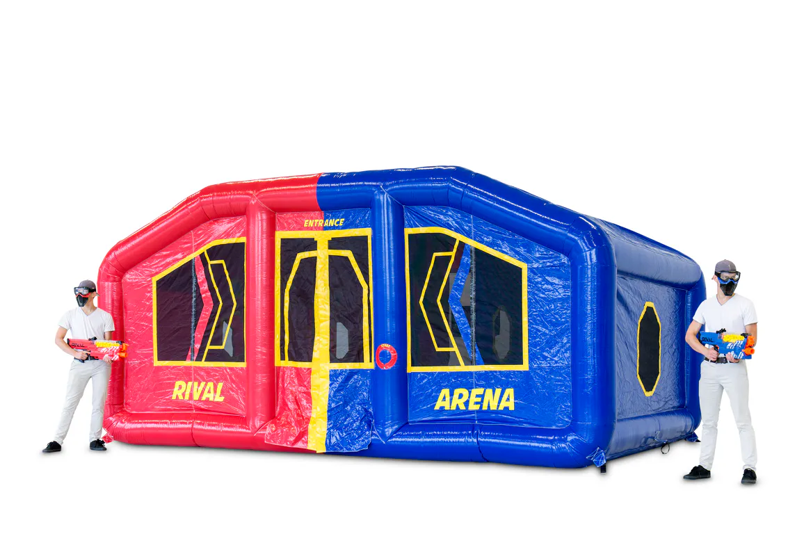 Red-and-blue inflatable IPS Rival Arena with two players outside