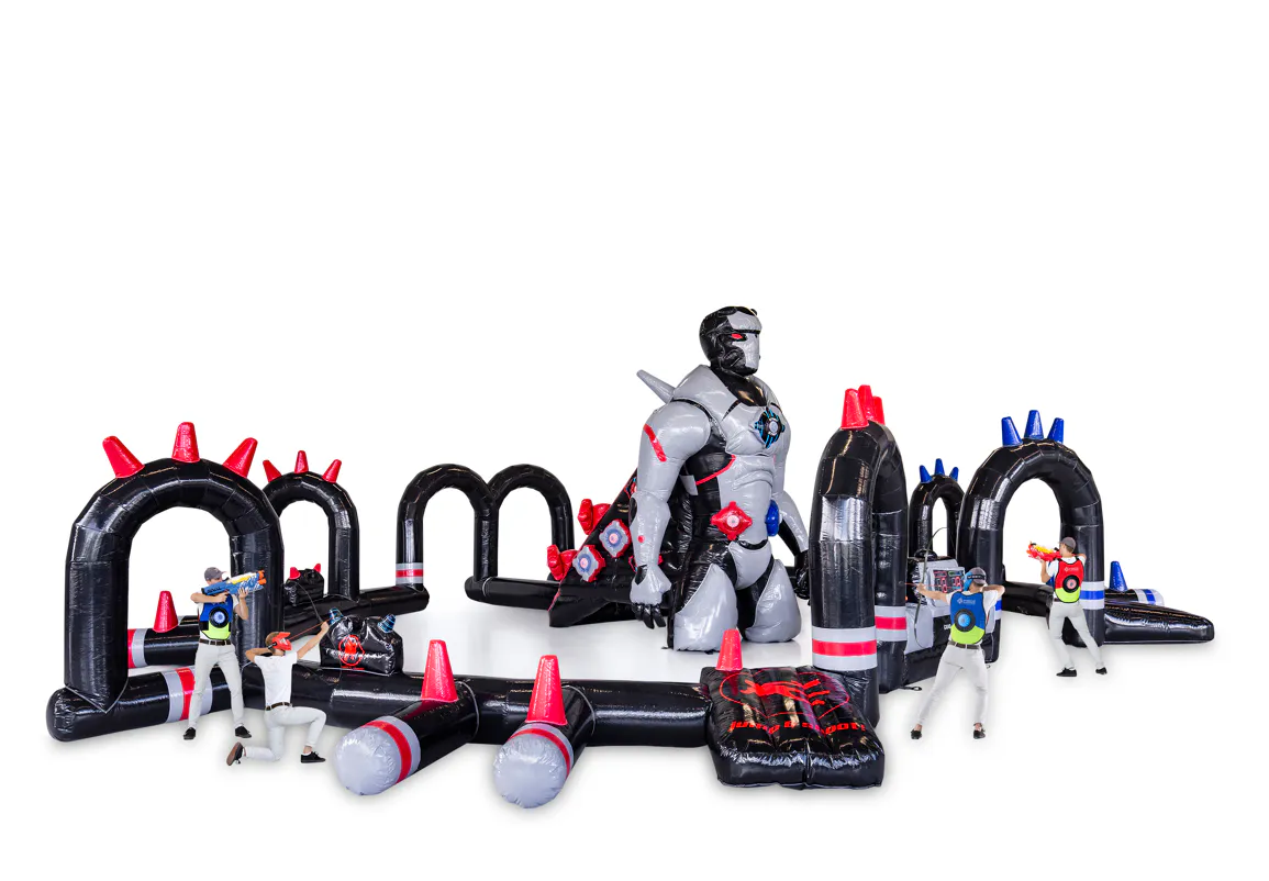 Large inflatable IPS Time Attack arena with a robot centerpiece and two teams