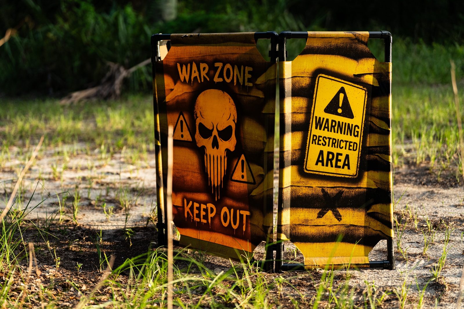 Two decorated battlefield barriers marked as a restricted play zone